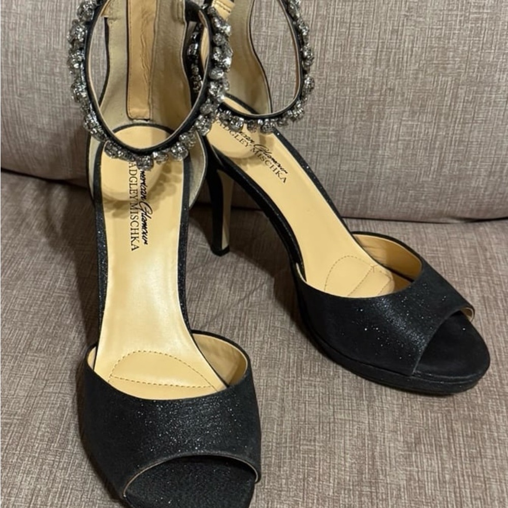 Bagley Mischka American Glamour Sparkly Black Peep Toe Stiletto Rhinestones 8.5